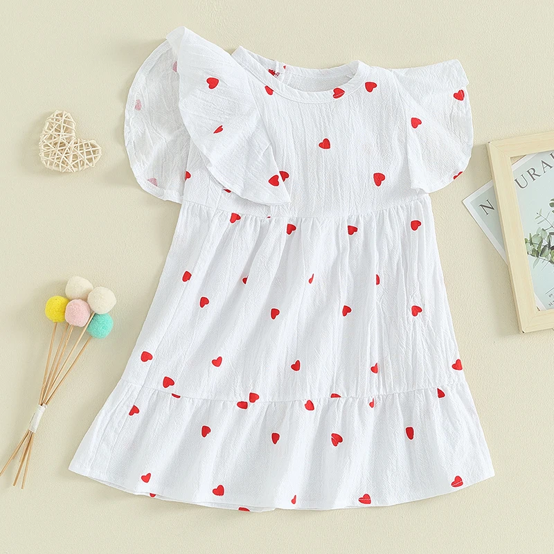 

Suefunskry Baby Girls Dress Toddler Valentine's Day Heart Print Fly Sleeve Crew Neck Dress Summer Casual Princess Dress