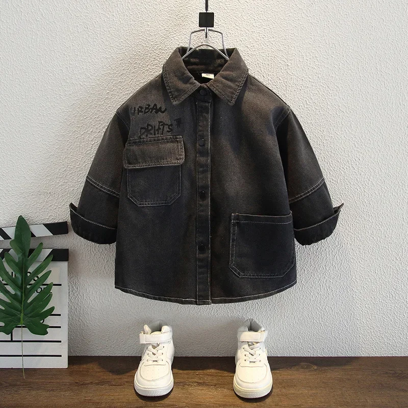 Children's Casual Denim Shirt Jacket Boys Spring Autumn Outerwear Trendy Top for Small to Medium Size Kids