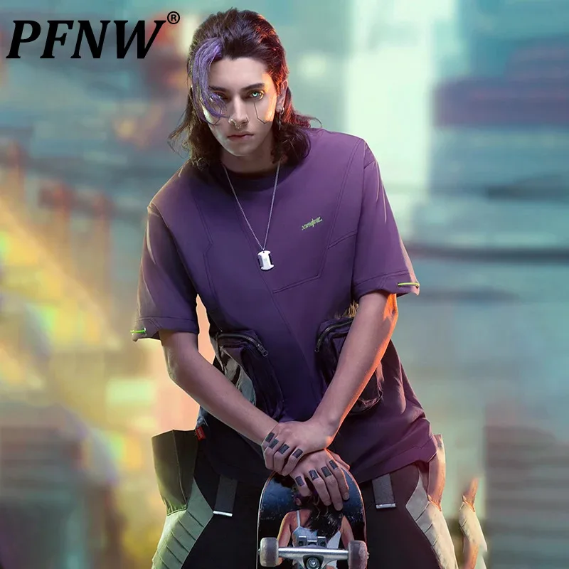 

PFNW Multi Pockets Asymmetric Men's Short Sleeve T-shirts Cyberpunk Male Unisex Tee High Street 2024 Summer Streetwear 28W2768