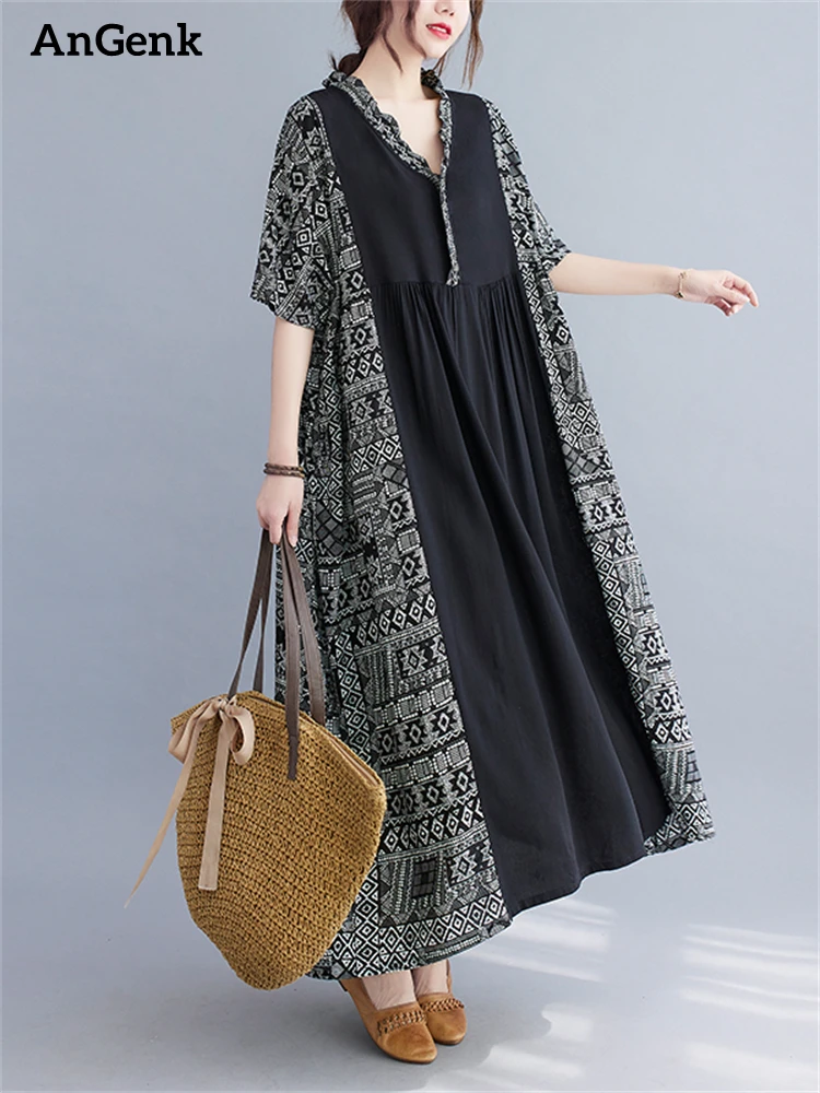 

Oversize Cotton Patchwork Vintage Dresses For Women 2023 Summer Casual Loose Long Dress Femme Elegant Vestidos Fashion Clothing