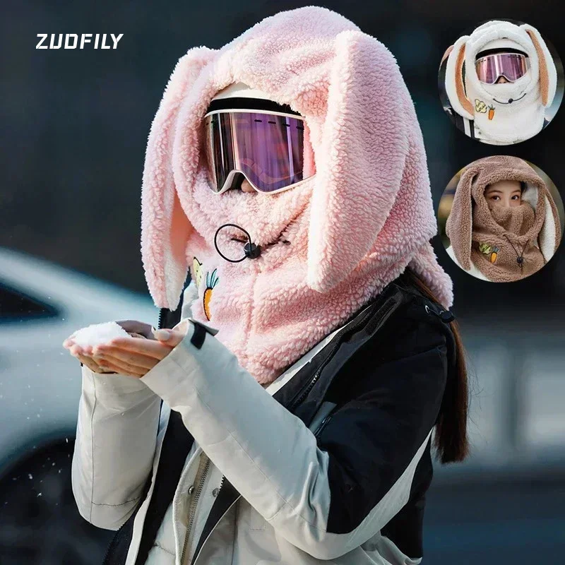 Winter Rabbit Ear Hat Cartoon Cycling Skiing Helmet Cover Cold-proof Keep Warm Plush Cap For Women knitted bunny hat winter cycling cap ski helmet