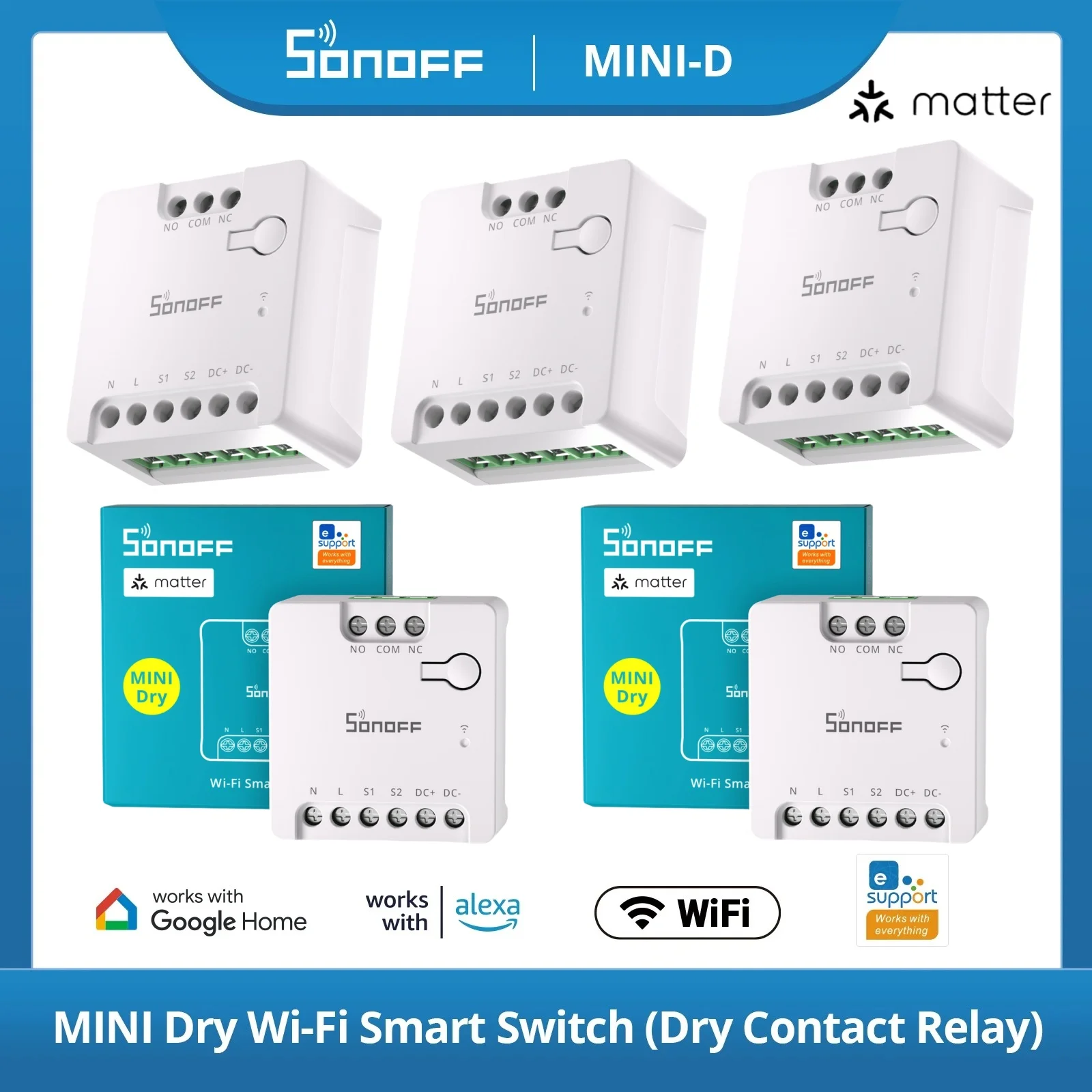 สวิตช์อัจฉริยะ SONOFF MINI-D MINI Dry Wi-Fi Matter แบบสวิตช์แห้ง รีเลย์สัมผัสแบบแห้ง ใช้ไฟ DC กำลังต่ำ สำหรับมอเตอร์ประตูโรงรถ เครื่องทำน้ำร้อน ผ่านแอป eWeLink 1
