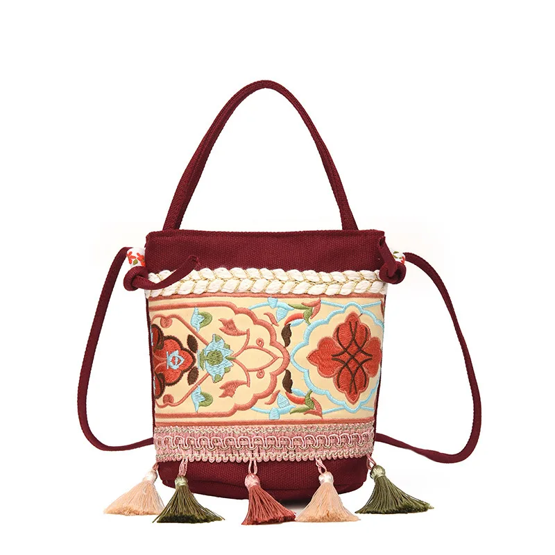 

Women's Bohemian Floral Embroidery Canvas Bucket Bags Ladies Boho Fringe Tassel Crossbody Purse Side Bag For Girls