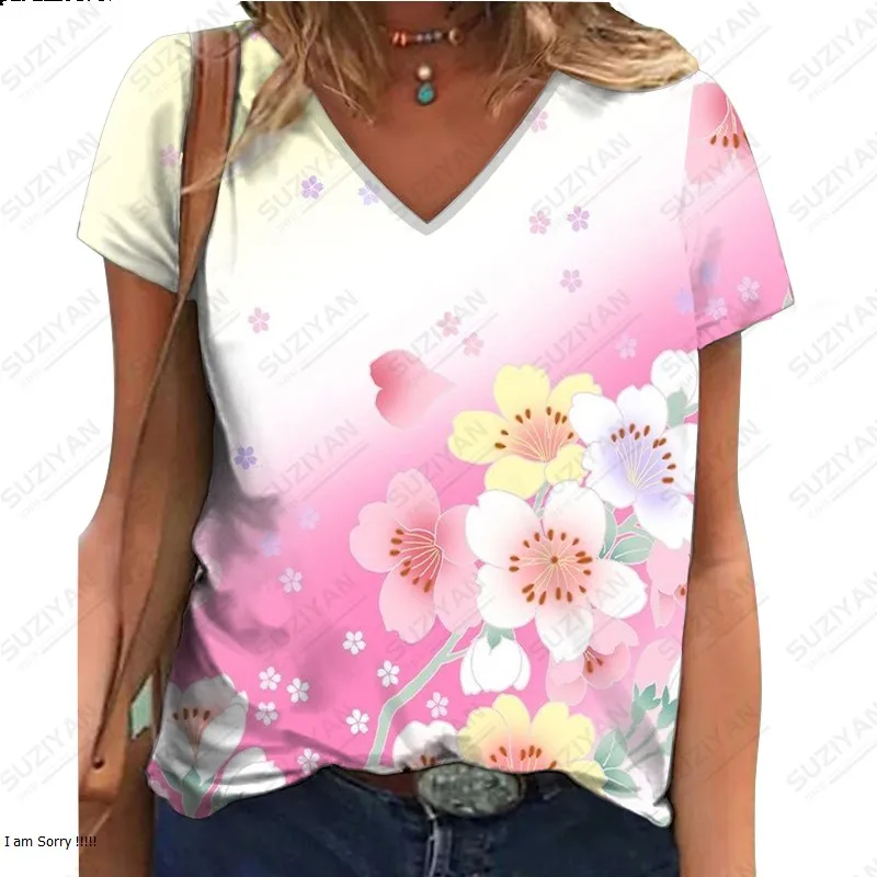 

Women's Short Sleeve V-Neck Casual Loose Large Pattern T-shirt 2023 Hot Selling Street Printing Fragmented Short Sleeve T-shirt