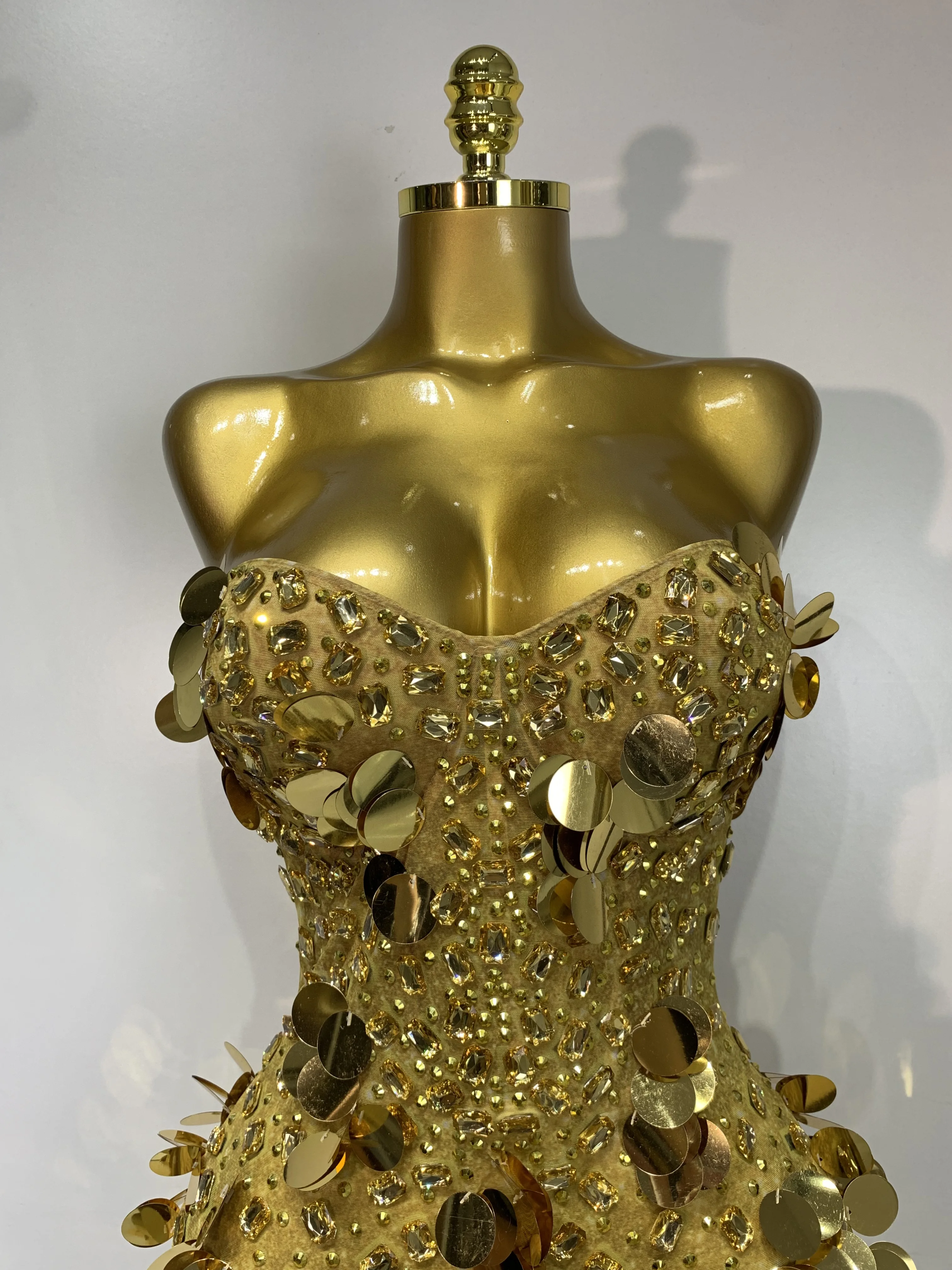Sparkly Gold Rhinestone Sequins Sexy Strapless Mesh See Through Mini Dress Women Eveing Party Birthday Nightclub Stage Costume