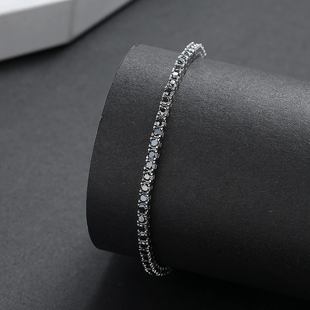 Real 925 Silver Tennis Bracelet 2 mm black Cubic Zircon Solid Fine Jewelry Hiphop Rock Chain For Women