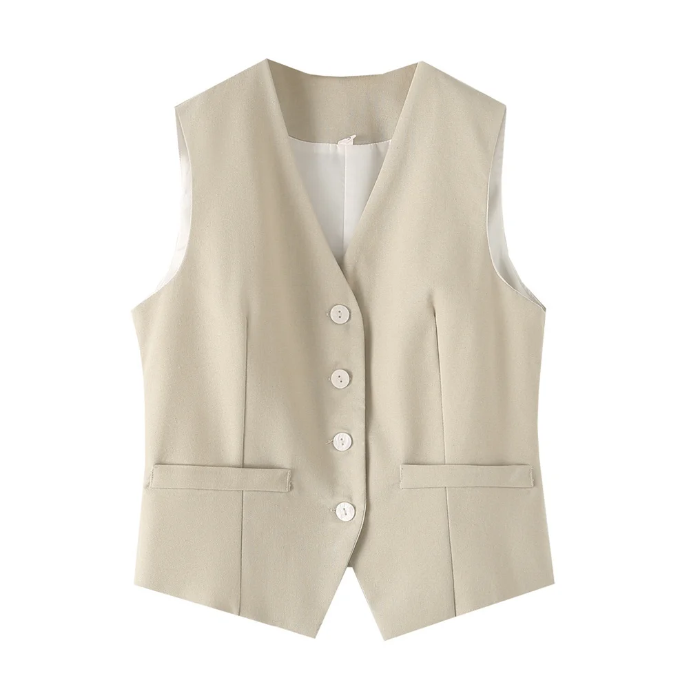 BM&MD&ZA 2024 early autumn women's new commuting versatile slim sleeveless cotton and linen vest mid-waist trousers suit 3