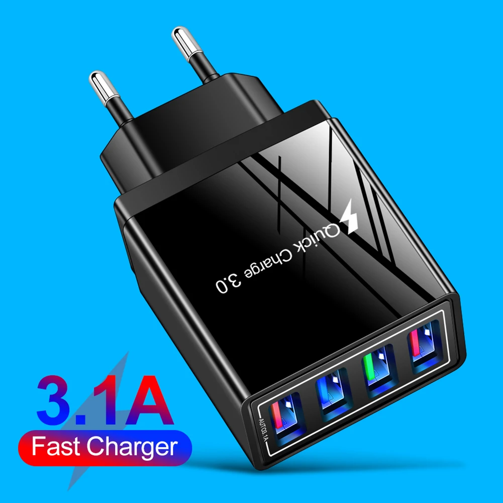 High-Speed QC 3.0 USB Charger with 4-Port LED Adapter, EU Plug