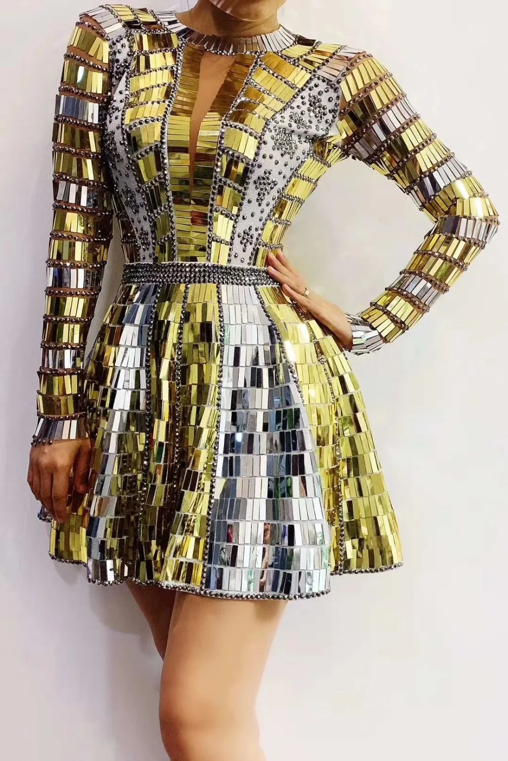 

Singer Dancer Female Gold Rhinestone Sequin Short Dress Bar Dj Show Costumes Birthday Celebrate Dress Performance Wear