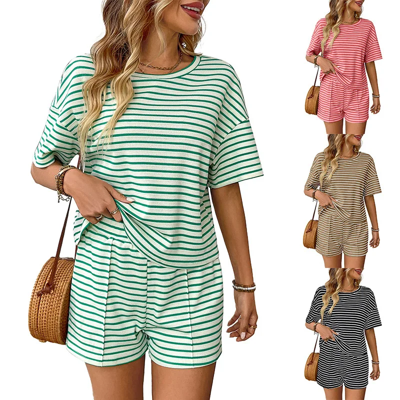 Casual Loose Striped Short Sleeve Top Shorts Two-Piece Suit