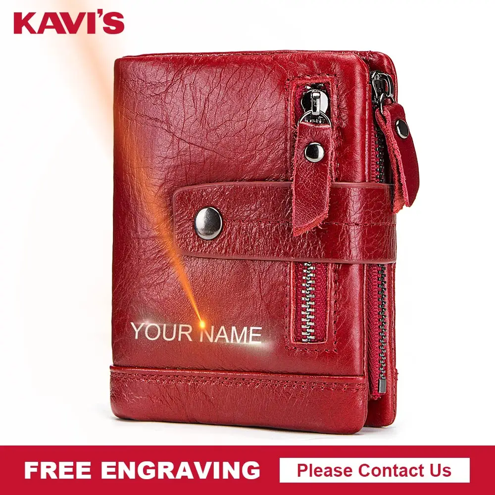 

Cowhide Leather Women Wallet Short Red Purse RFID Blocking Credit Bank Card Holder with Zipper Coin Pocket Free Engraving
