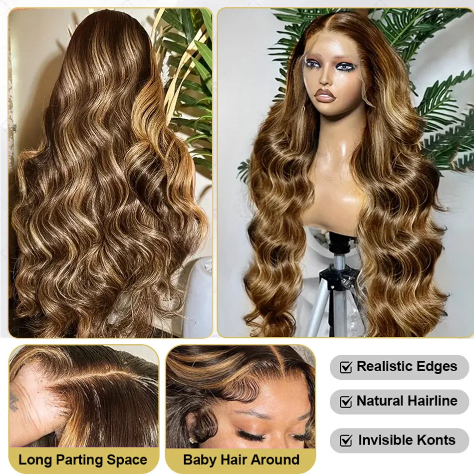 30 40 Inch 250 Density 4/27 Highlight Ombre Blonde Body Wave 13x4 Lace Front Wig Brown Color 13x6 HD Lace Frontal Human Hair Wig 3