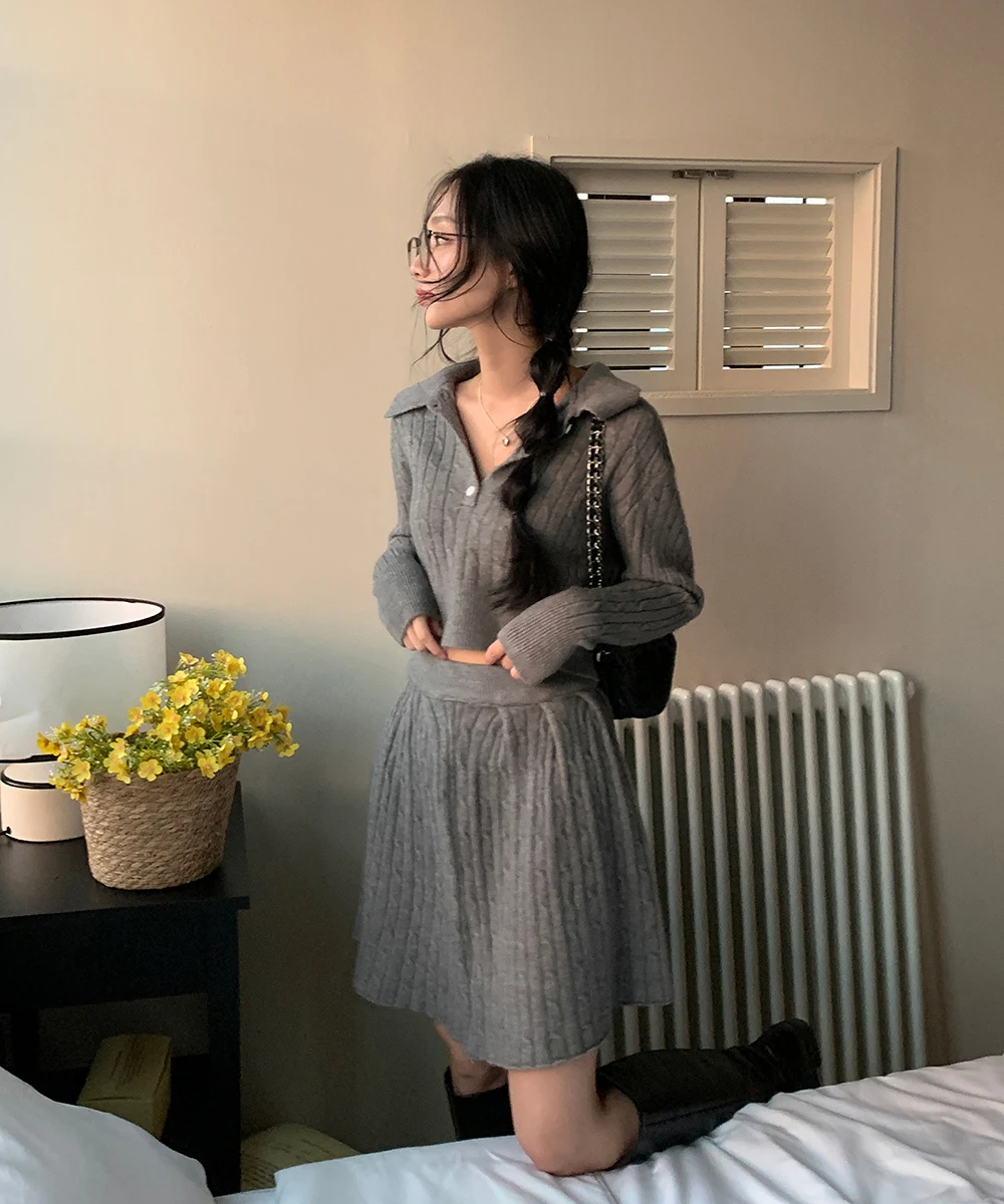 Korean Fashion Two-piece Set Women Pullover Turn-down Collar Crop Top Mini Skirt Solid Casual Suit Autumn New Knitwear Outfits