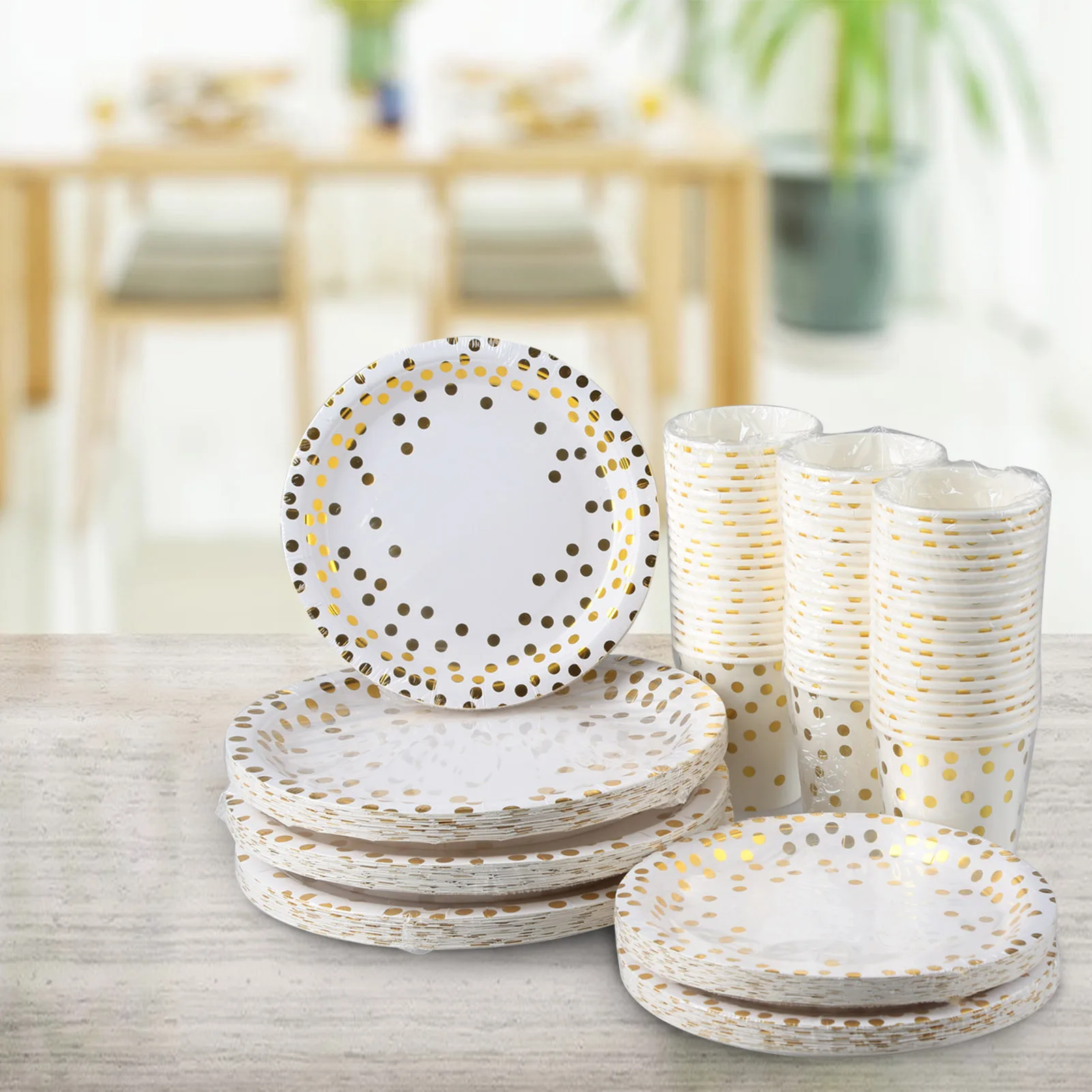 60pcs 9oz Paper Cups+60pcs 7-inch Plates+60pcs 9-inch Plates Set of 180pcs Disposable Drinkware & Dishware with Golden Plates
