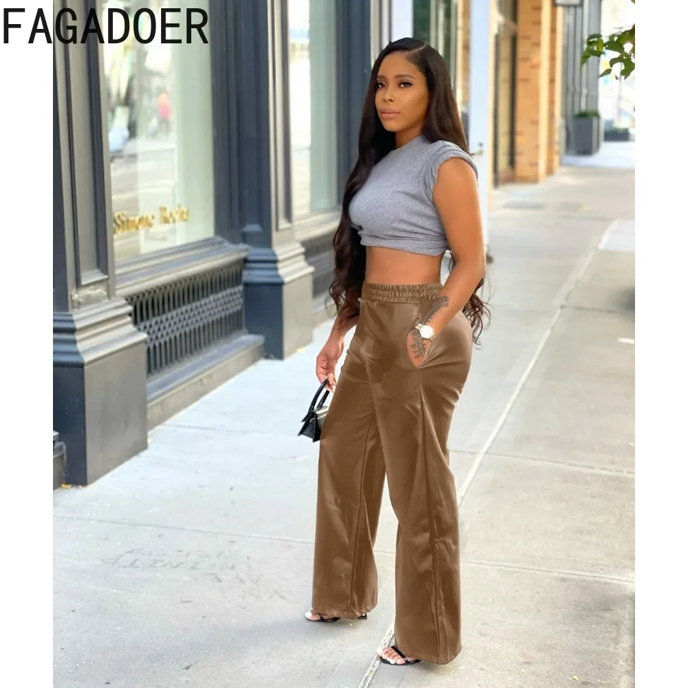 FAGADOER Fashion PU Leather Wide Leg Pants Women High Waisted Elasticity Trousers Casual Female Solid Color Pocket Bottoms 2023