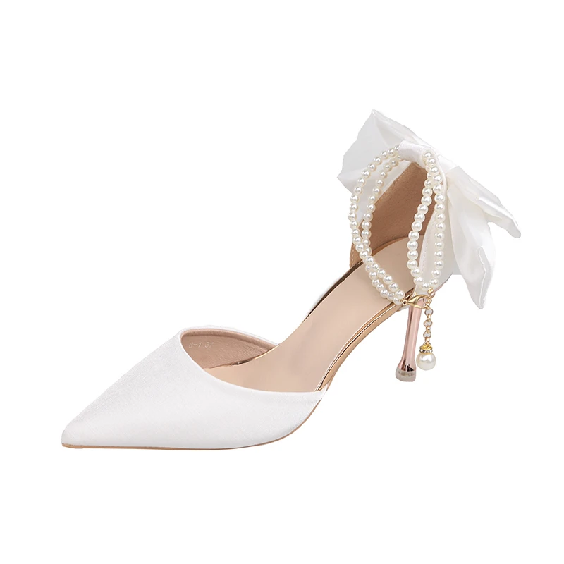 

Туфли-лодочки женские на тонком каблуке, Украшенные бусинами, цепочкой и бантиком, босоножки с ремешком на щиколотке, Свадебная обувь для невесты