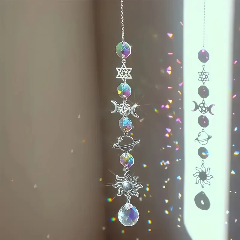 1/3pcs Unique Crystal Moon & Sun Wind Chime with Diamond Prism Pendant-Vibrant Rainbow Dream Catcher for Home and Garden Deco