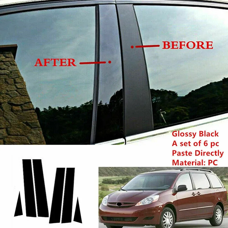 

6 шт., автомобильные глянцевые черные столбики для Toyota Sienna 2002 2003 2004 2005 2006 2007-2009