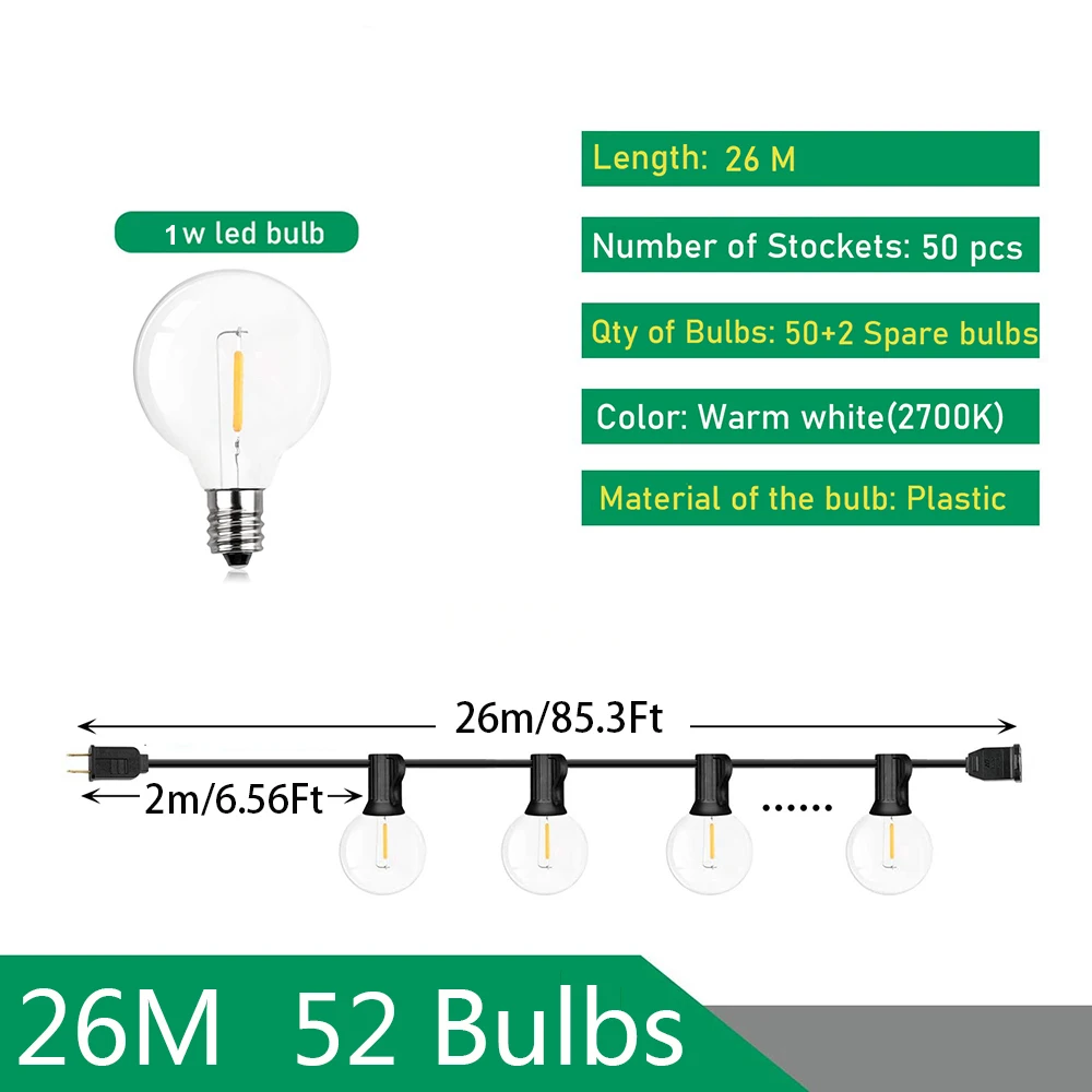 Ghirlanda Luminosa LED Da Esterno 45m Con Telecomando – Lampadine G40 Dimmerabili – Luce Calda, IP44 – Per Giardino, Terrazzo, Matrimoni