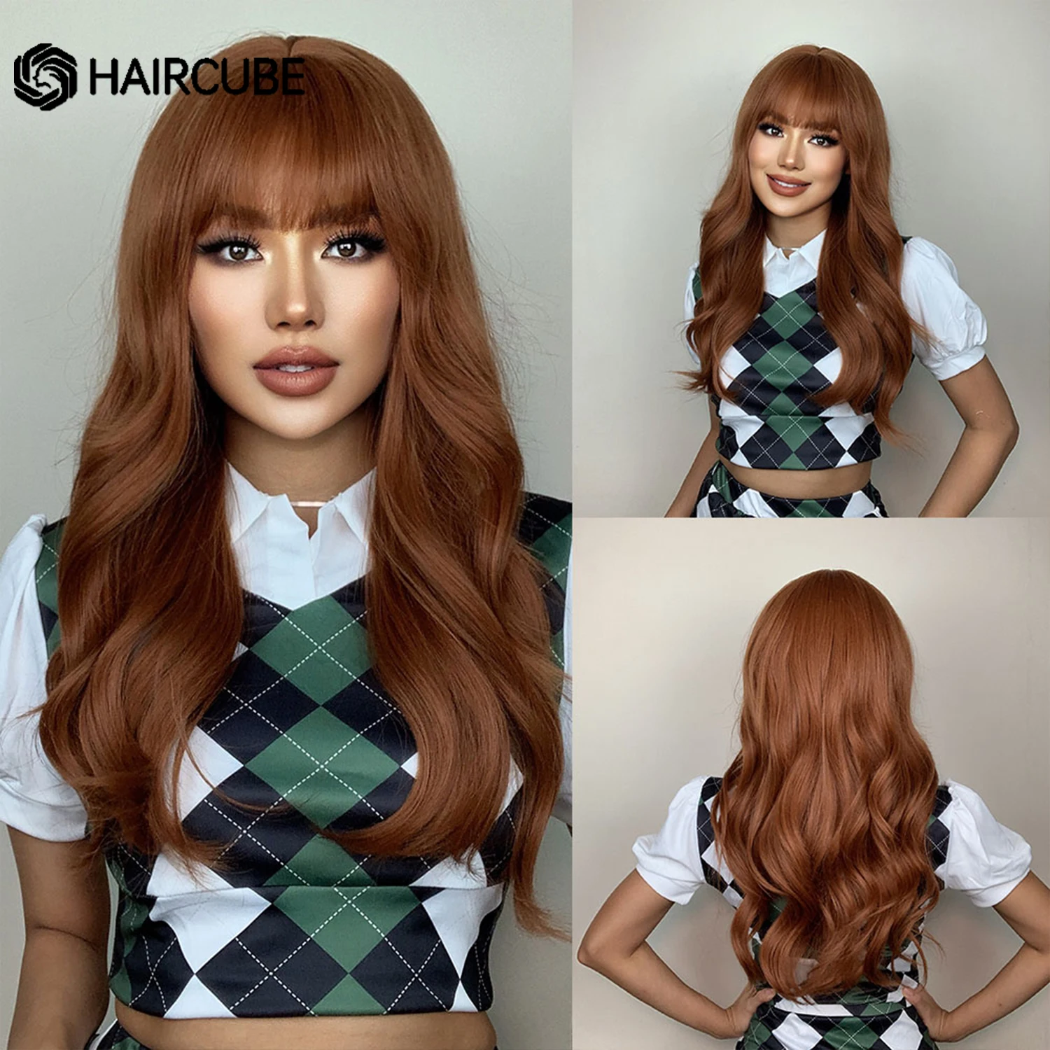 HAIRCUBE Red-brown Copper Ginger Synthetic Wigs Long Water Wavy Wigs With Bangs for Black Women Heat Resistant Cosplay Hair Wigs