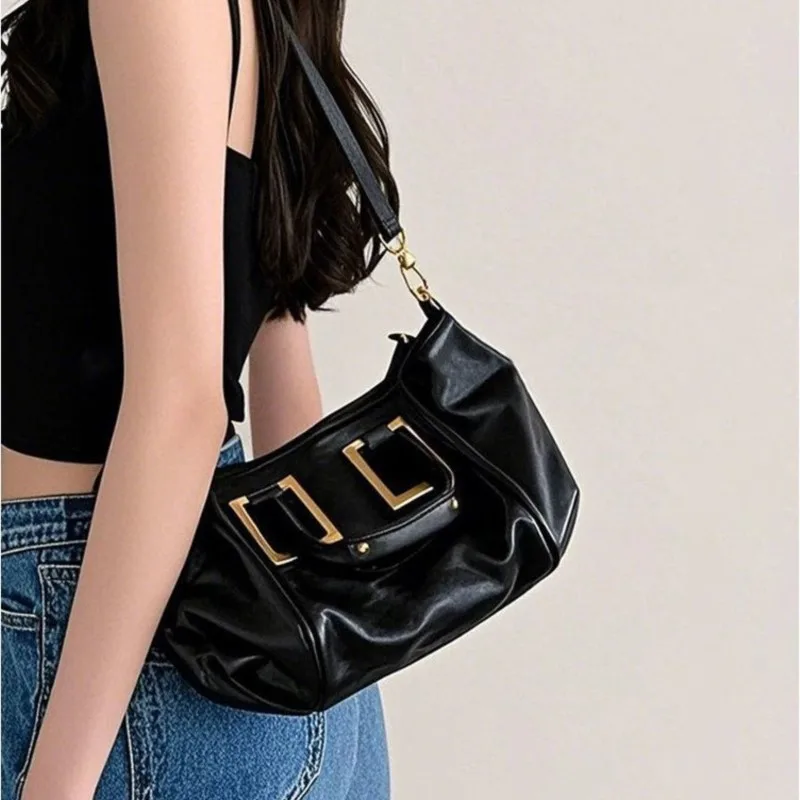 Vintage Black Handbag Women PU Waxed Leather Pleated Large Capacity Shoulder Bag Ladies Premium Luxury Design Crossbody Bag 2025