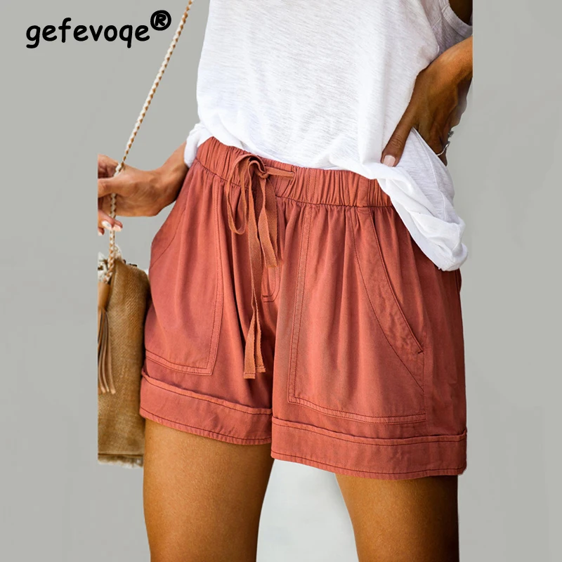 Women Casual High Waist Lace Up Straight Shorts Summer Fashion Y2K Print Beach Short Pants Loose Pocket Pantalones Ropa De Mujer