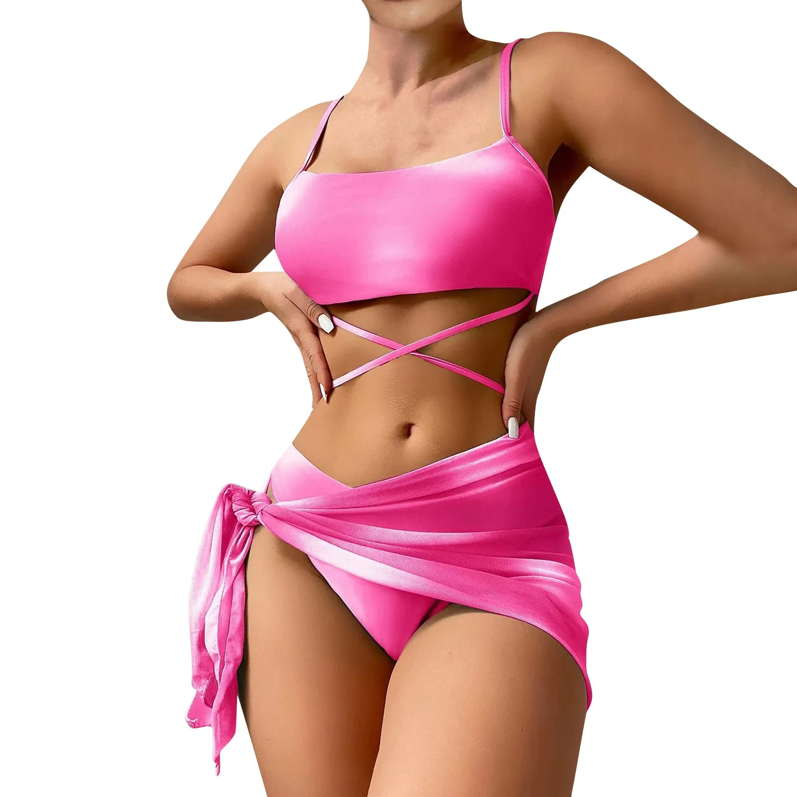 

Women's Solid Color Swimsuit Women's Split Thin Strap High Waist Swimsuit Cover-up Four-Piece Set 2024 Sexy Fashion Swimwear