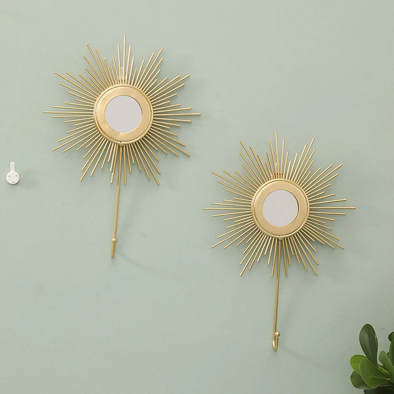 

Creative Decorative Hooks Iron Art Sun Pattern Hook Golden Sun Mirror Wall Hanger Luxury Wall Metal Decorative Mirror
