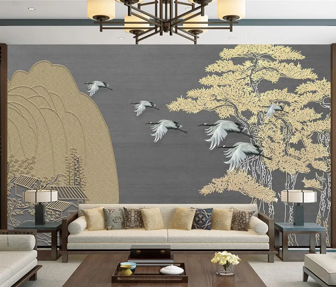 

Custom wallpaper hand painted crane ancient building welcome pine wall wallpaper living room bedroom background 3d wallpaper