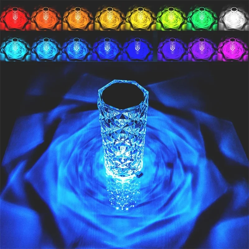 

Rechargeable 16 Colors RGB Rose LED Night Light Color Changing Crystal Touch Table Lamp For Bedroom Nightstand Christmas Decor