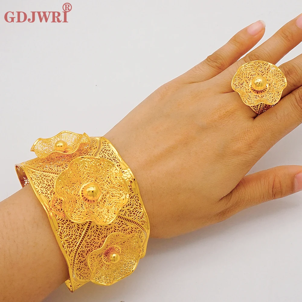 France Luxury Chain Cuff Bangle & Ring For Women Dubai Gold Color Indian Moroccan Big Bracelet Jewelry Arabic African Wedding