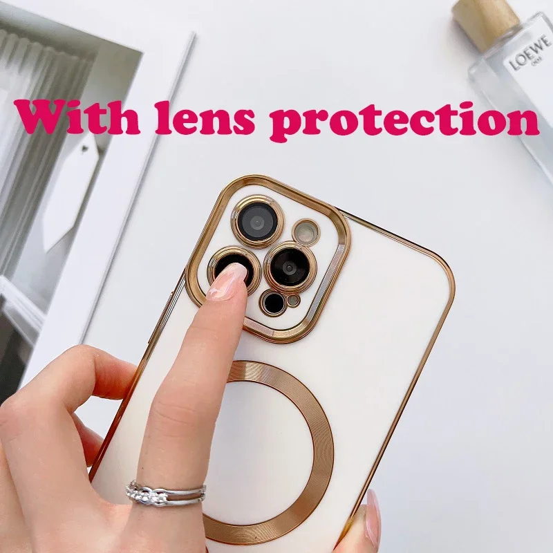 Plating Frame Phone Case iPhone 13 12 11 Pro Max 14 Plus For Magsafe Magnetic Wireless Charging Lens Protective_voghion.com