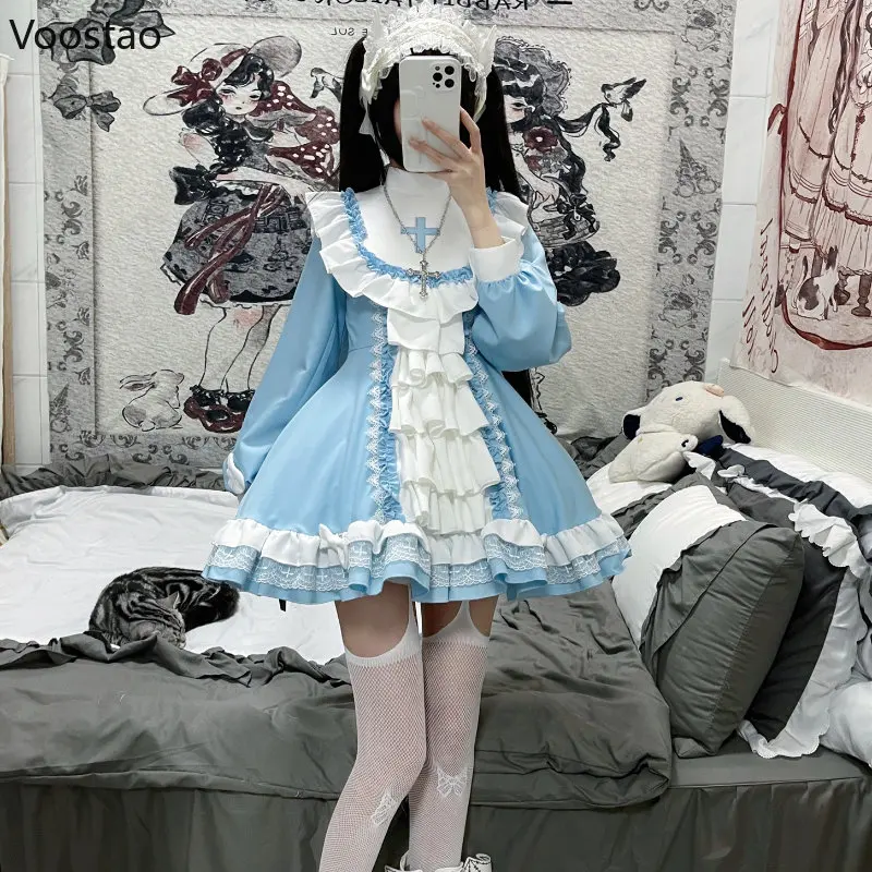 Japanese Gothic Lolita OP Dress Women Victorian Cross
