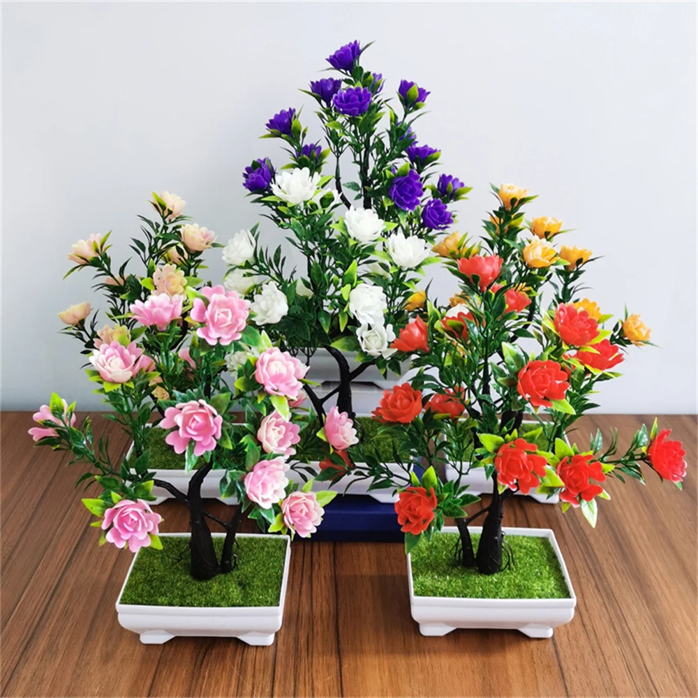 

Artificial Plant Bonsai Simulation Flower Rose Fake Flower Plastic Potted Indoor Home Desktop Decoration Fortune Tree Decoration