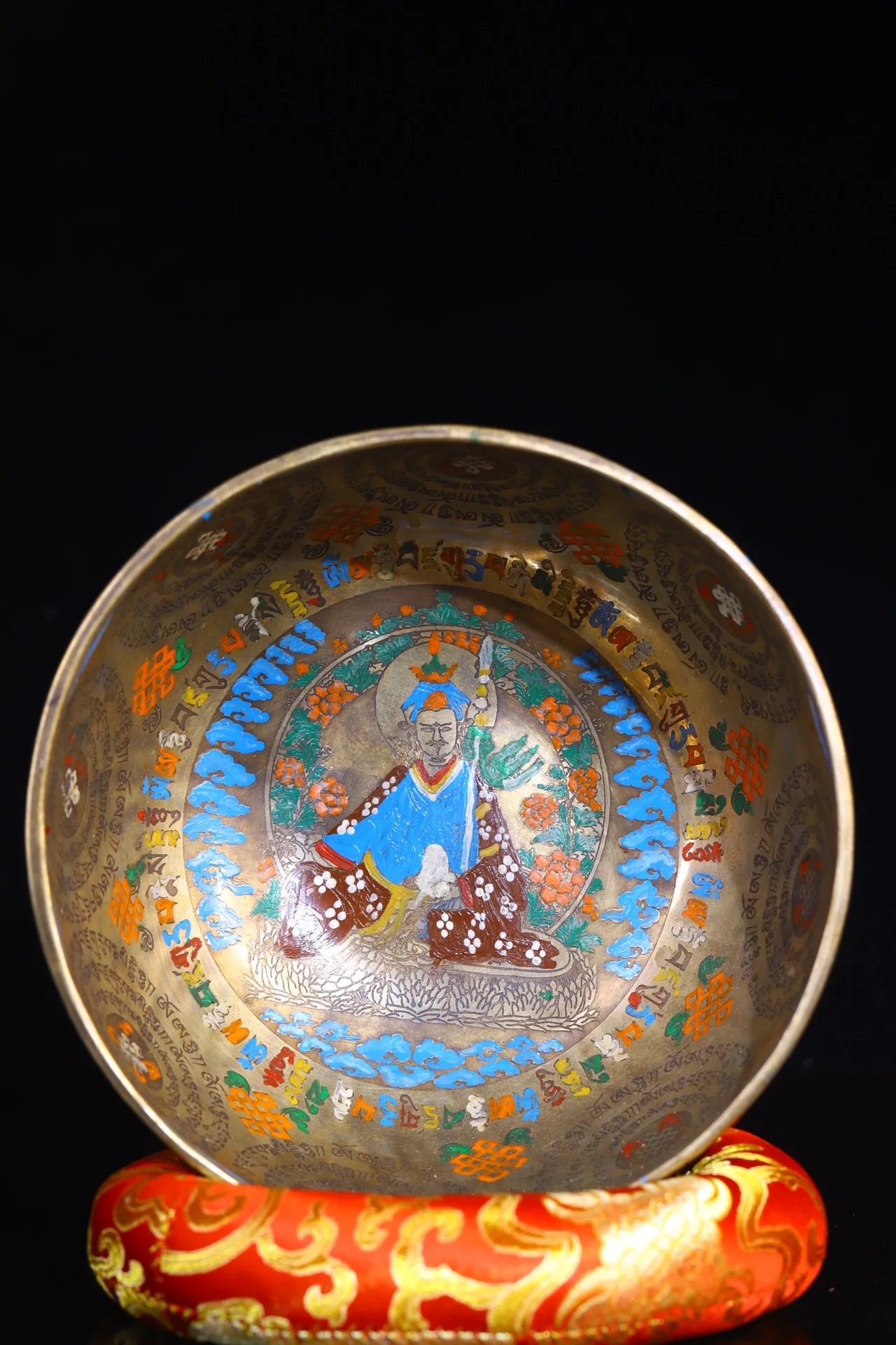 

8"Tibet Temple Collection Old Bronze Painted Vajra Sanskrit Guru Rinpoche Buddhist Music Bowl Dharma Scripture Bowl Worship Hall