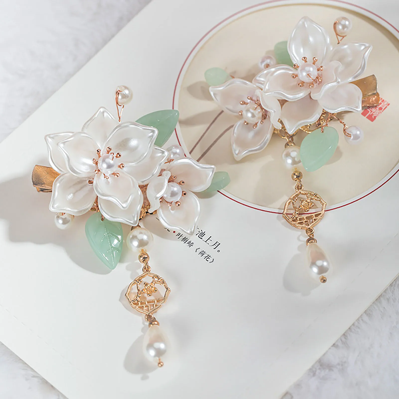 (2) Elegant Camellia Floral Design Decorative Pearl Gold Tone French Barrettes Floral Pearl Hair Clip Set: Camellia Wedding Hair Jewelry - Etsy main image 2