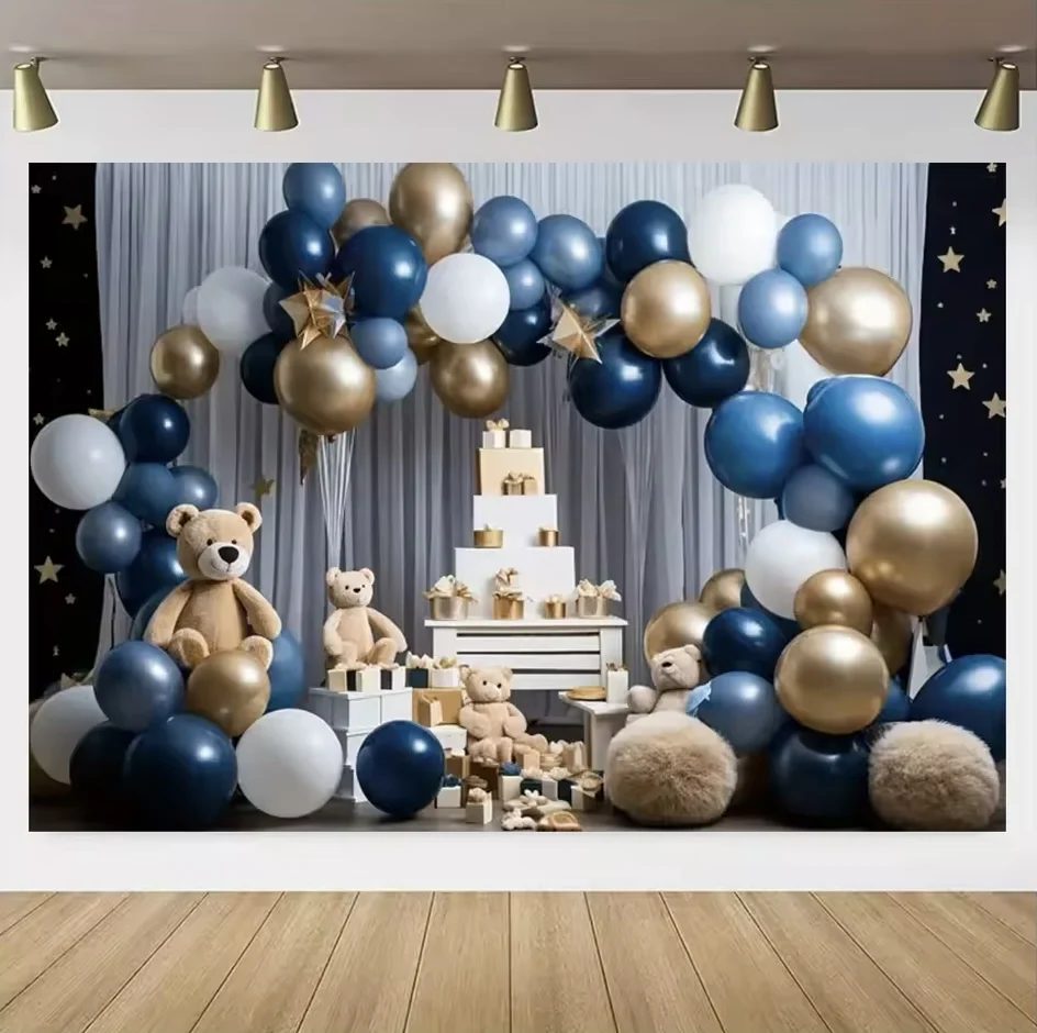 Colorful Balloon Teddy Bear Birthday Party Banner and Baby Shower Photography Backdrop