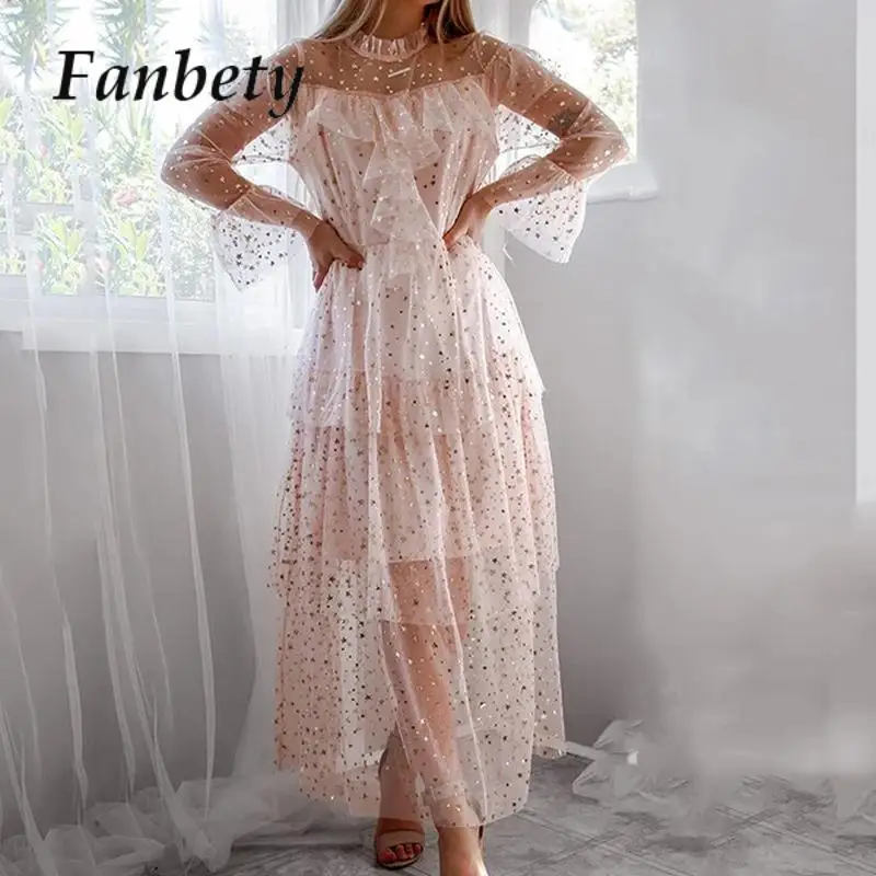 

Sweet Bright Star Cake Princess Dresses Chic Mesh Transparent Ruffle Collar Party Dress Women Grace Long Sleeve Slim Long Dress