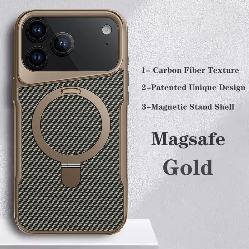 Sleek Carbon Fiber Textured Magnetic Phone Case with Soft Rubber Frame and Metal Stand