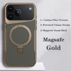 Étui de téléphone magnétique en fibre de carbone texturée avec cadre en caoutchouc souple et support en métal