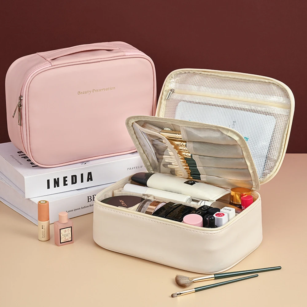 Borsa per cosmetici da viaggio, grande capacità, custodia per il trasporto impermeabile Custodia per cosmetici con divisore e maniglia