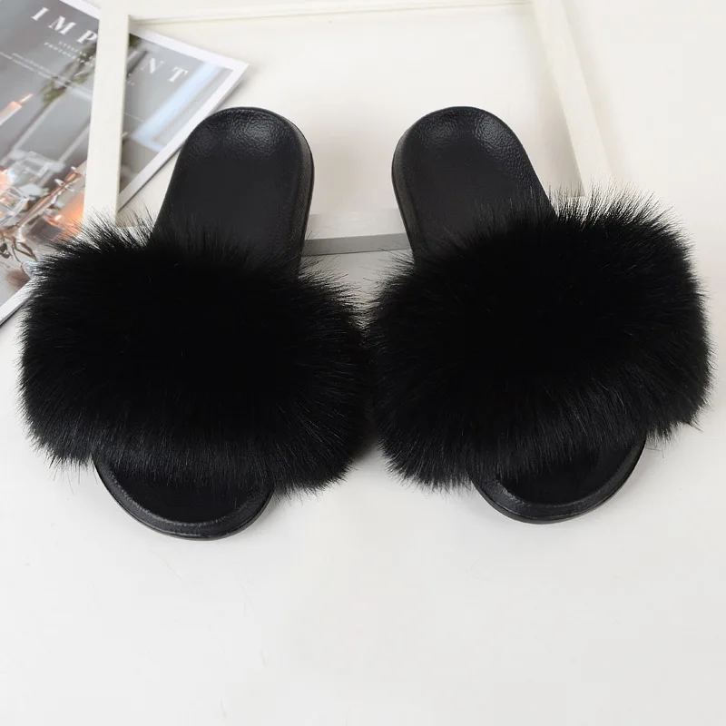 Children Slides Faux Fox Fur Slippers Kids Fluffy Raccoon Sandals Fashion Furry Home Flat Flip Flops Baby Girls Cute Plush Shoes 5