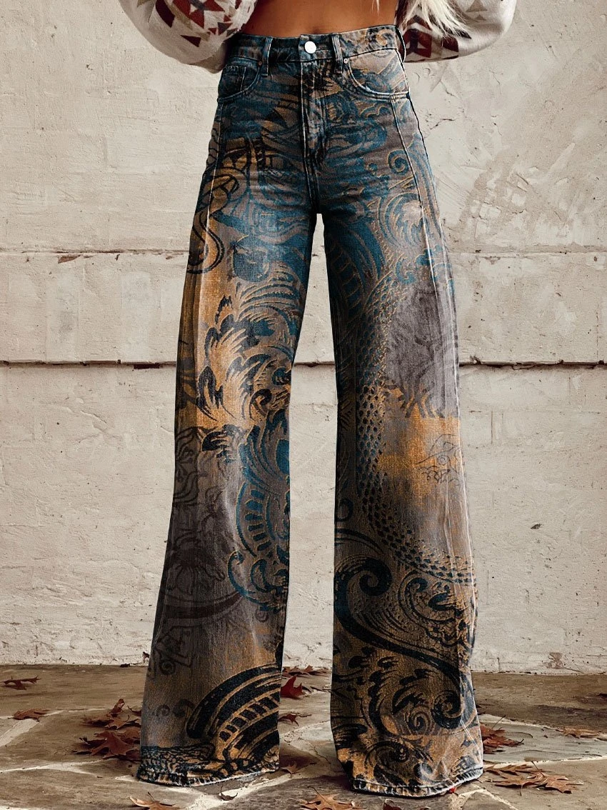 

Fashionable Mural Women's Jeans Korean Style Elegant High Waisted Wide Leg Pants Loose Full Women's Casual S-XL Pants
