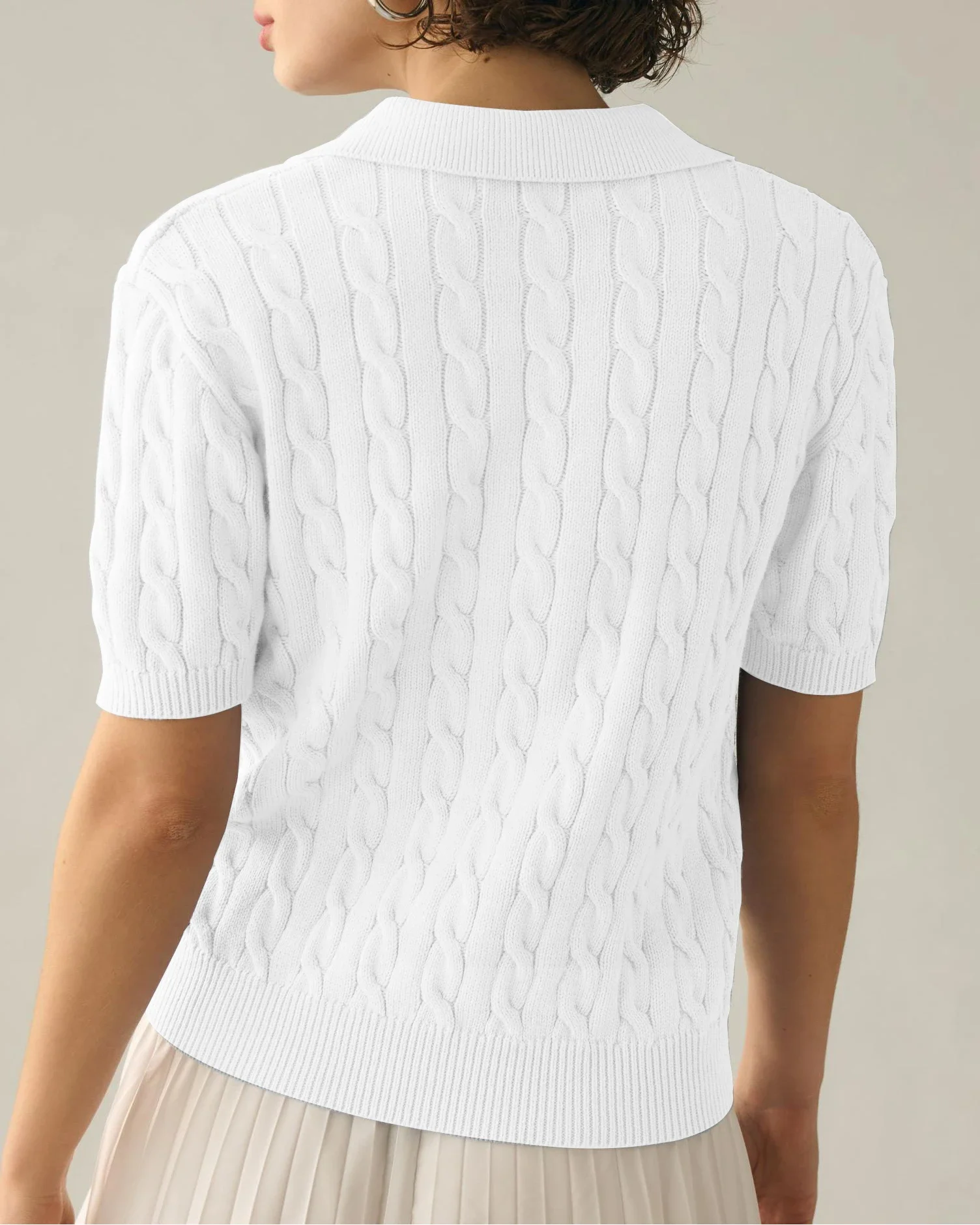 Casual White Cable Knit Short Sleeve Sweater Pullover Spring Summer 2024 Solid Color Fashion Soft Lapel V Neck Knitted Top Y2K