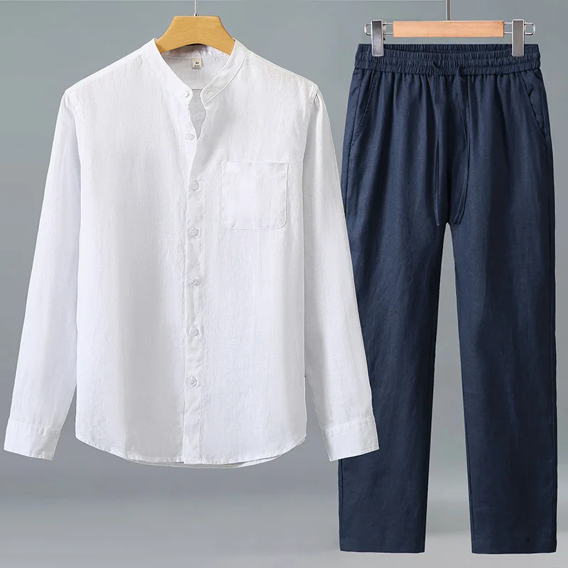 Herren 100% Reines Leinen Langarm-Hemd im Chinesischen Stil Lässige Weite Hose Set Frühling Herbst Atmungsaktives Zweiteiler-Outfit – Detail 8