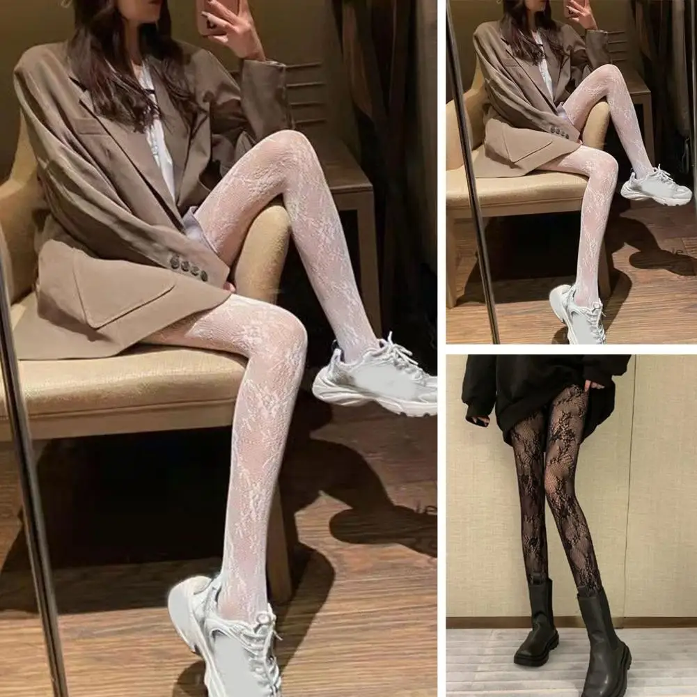 

Women Floral Lace Tights Japanese Style Lace Fishnet Pantyhose with Flower Embroidery Anti-slip Design for Women High Elasticity