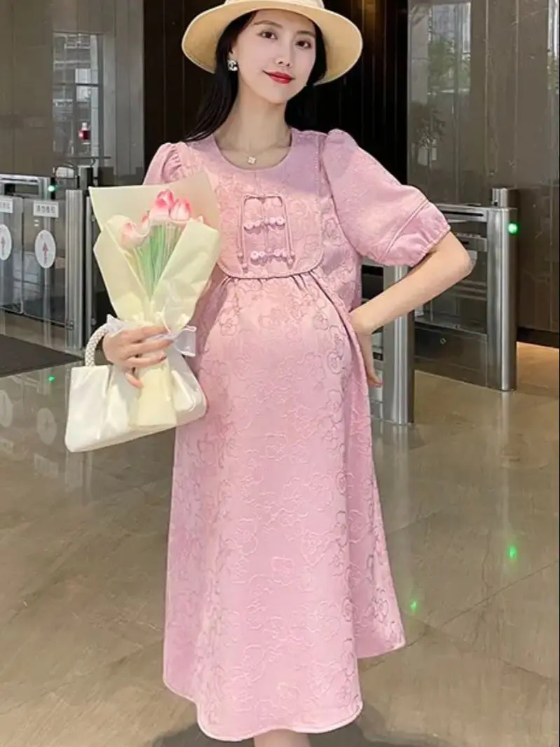 

Summer Maternity Dobby Dress Short Sleeve O-Neck Vintage Chinese Style Pregnant Woman Cheongsam Elegant Pregnancy Chi-pao Dress