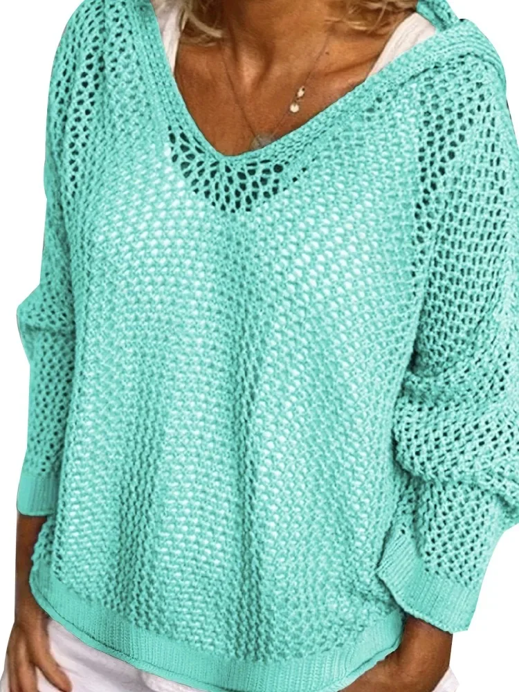 2025 New Fashion Hollow Women's Hooded V-Neck Long Sleeve Sweater Loose Casual Solid Color Knitwear Pullover Shirt