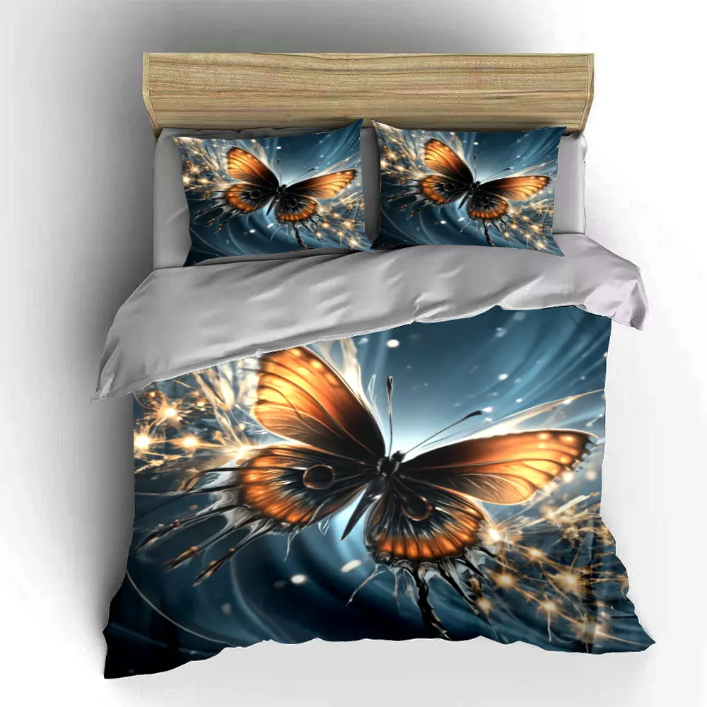 Luxury Metallic Golden Butterfly Bedding Set,Glowing Blue Light Fantasy Butterfly Print Duvet Cover,1 Duvet Cover+2 Pillowcases 5