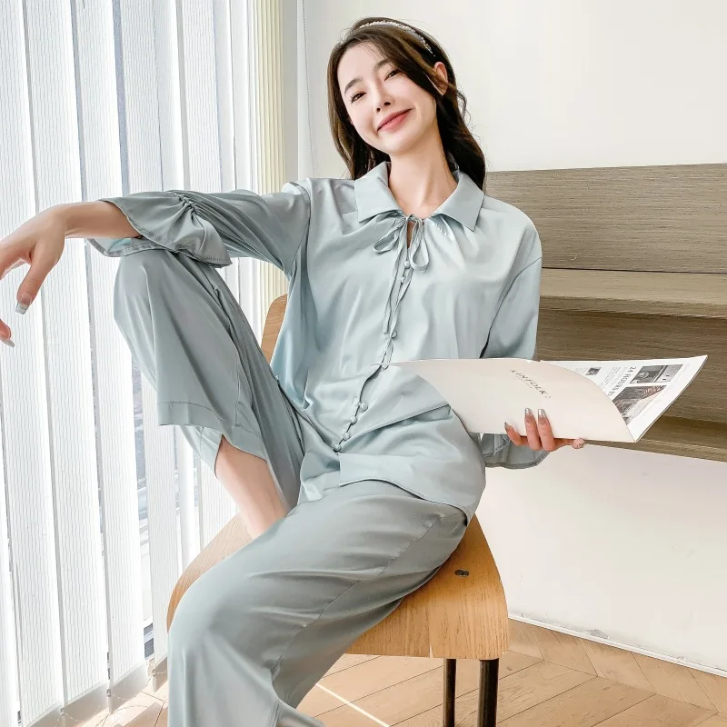 

Lace Up Collar Full Sleeves Sleepwear Women Pajamas Sets Lady Outfits Wide Leg Pants Trouser Suits 2023 Homewear Spring Fashion